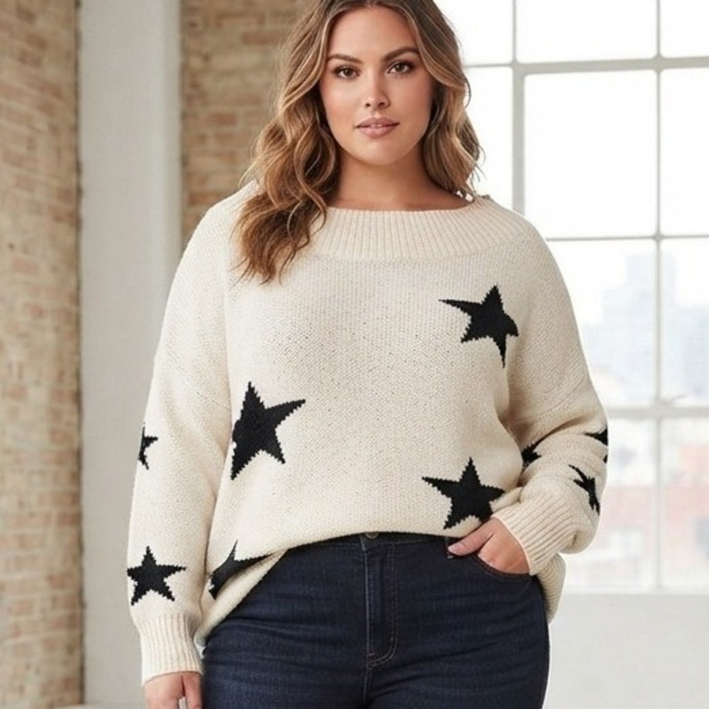 Star Sweater Cream Black Boat Neck Chunky Knit Celestial Casual Cozy XL/2XL